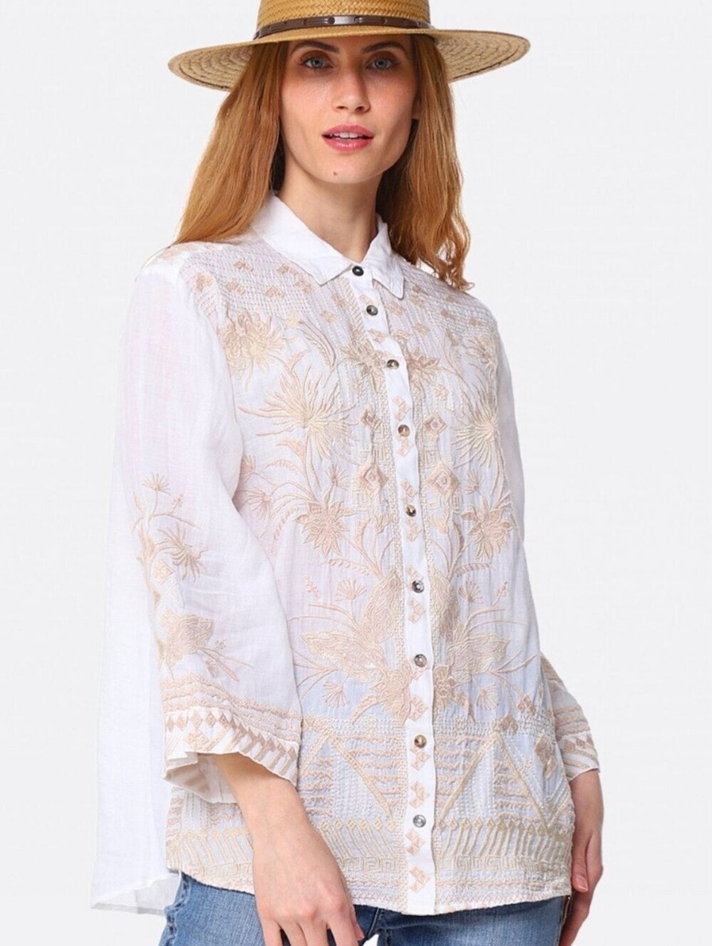 JOHNNY WAS DEVERE KIMONO SLEEVE SHIRT 100% RAMIE CREAM EMBROIDERD BOHO SMALL